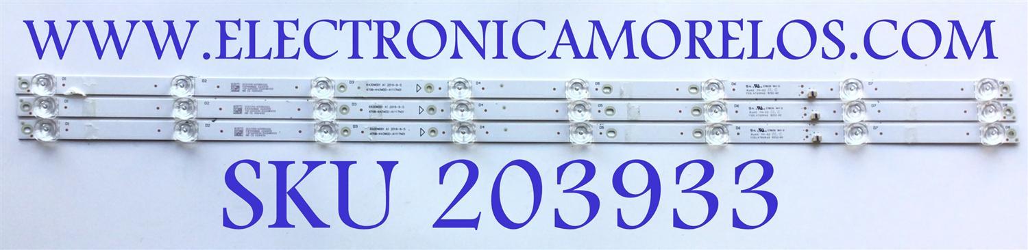 KIT DE LEDS PARA TV JVC (3 PZ) / NUMERO DE PARTE 4708K43WDD-A1117N01 / K430WDD1 A1 / 113X08-430D1021 / TD-220331-3220B833 / TSDL4700RA0 / PANEL 43FSATC-224H4099-01483E / MODELO SI43FRF